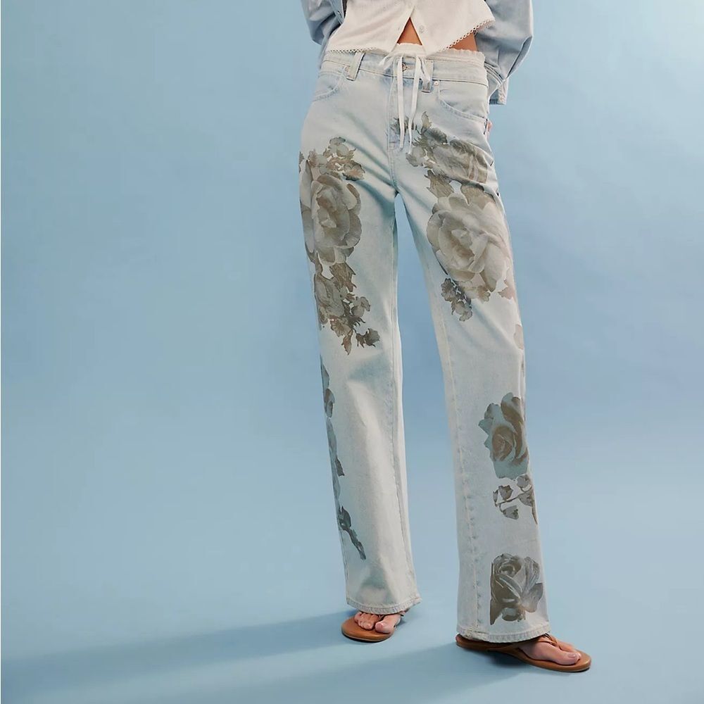 New We The Free Tinsley Baggy High-Rise Printed Jeans Size 28